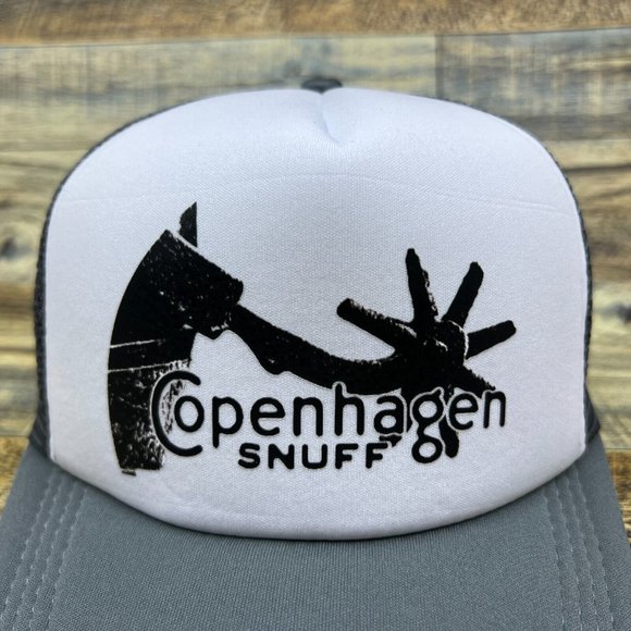 Copenhagen Snuff Vintage Logo Mens Trucker Hat Grey Snapback Chewing Tobacco Cap - Picture 3 of 8